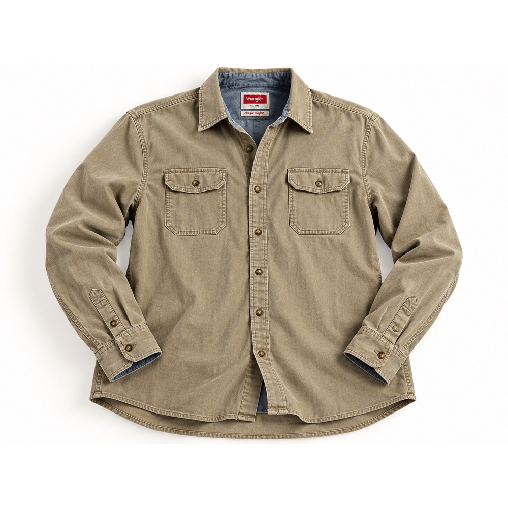 Wrangler Flex for Comfort Khaki Button Down Utility Shirt Mens 2XL Long Sleeve